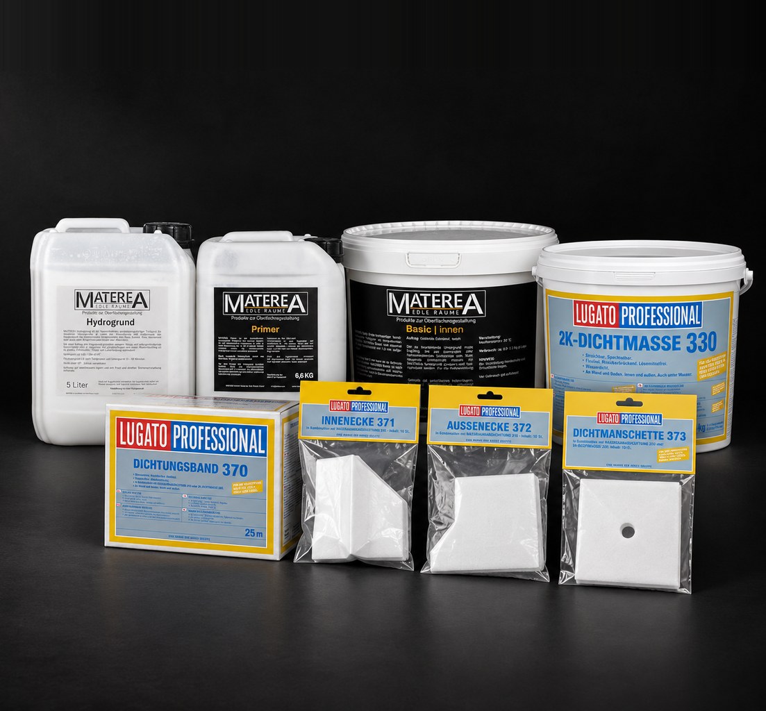 Hydrogrund, Primer, Basic and the Lugato waterproofing as a group on a black studio background