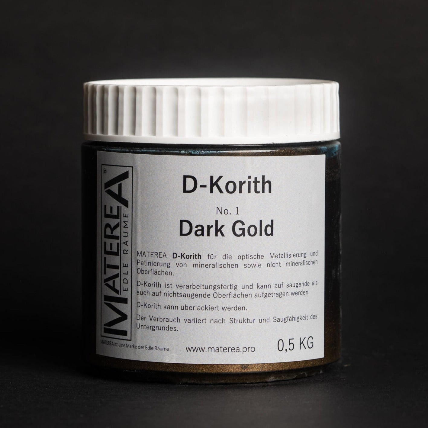 D-Kortih Lasur 500 ml, weißes Gebinde mit Etikett Dark Gold, Studiofoto