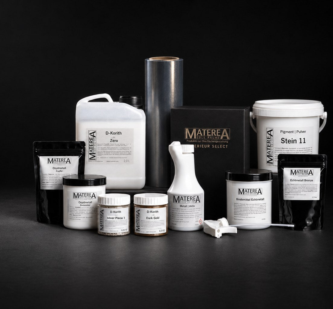 D-Kortih, pigments, Echtmetall, Oxydmetall and the sample box as a group on a black studio background