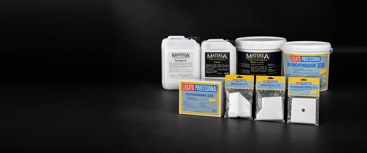 Hydrogrund, Primer, Basic and the Lugato waterproofing as a group on a black studio background
