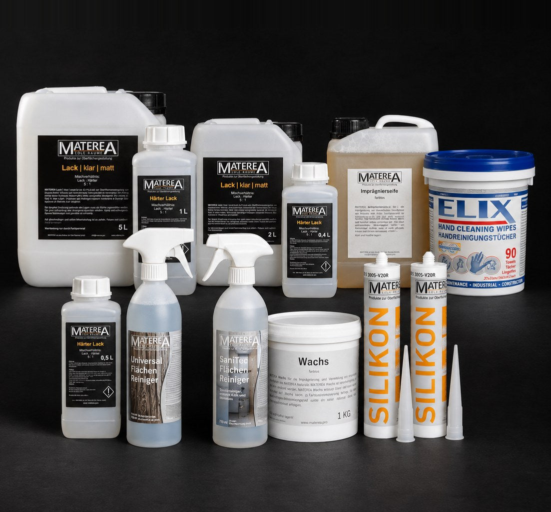 Varnish, hardener, impregnating soap, wax, cleaners and silicone as a group on a black studio background