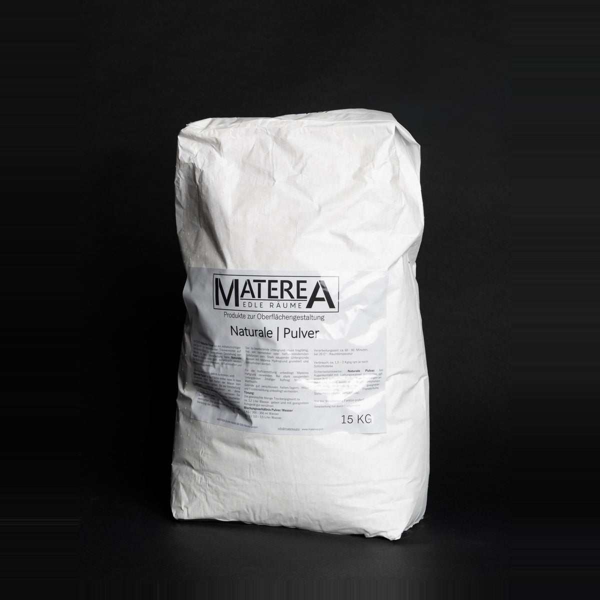 Naturale powder, white bag with Naturale powder label, studio photo