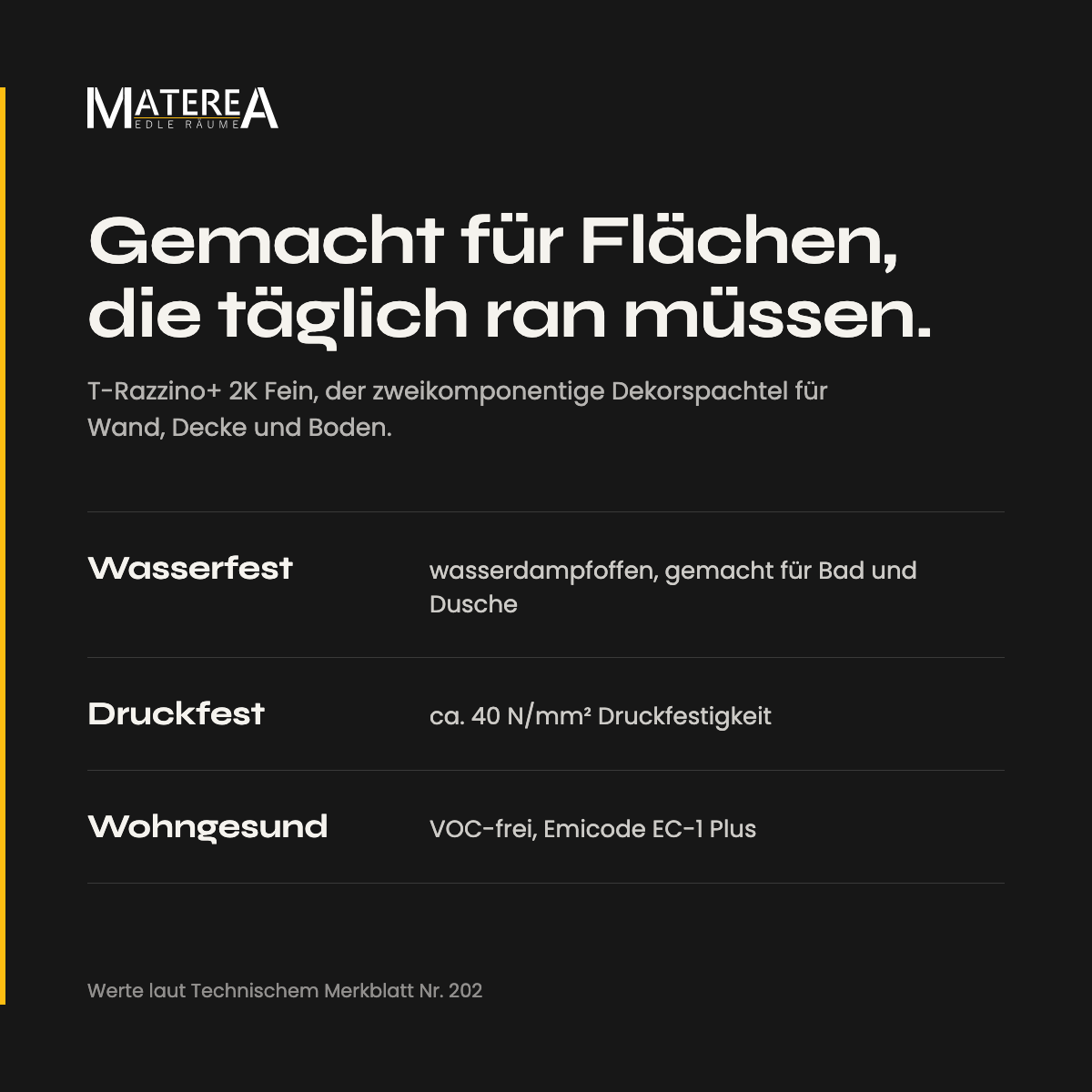Eigenschaften: wasserfest, druckfest, wohngesund, Werte laut Technischem Merkblatt Nr. 202