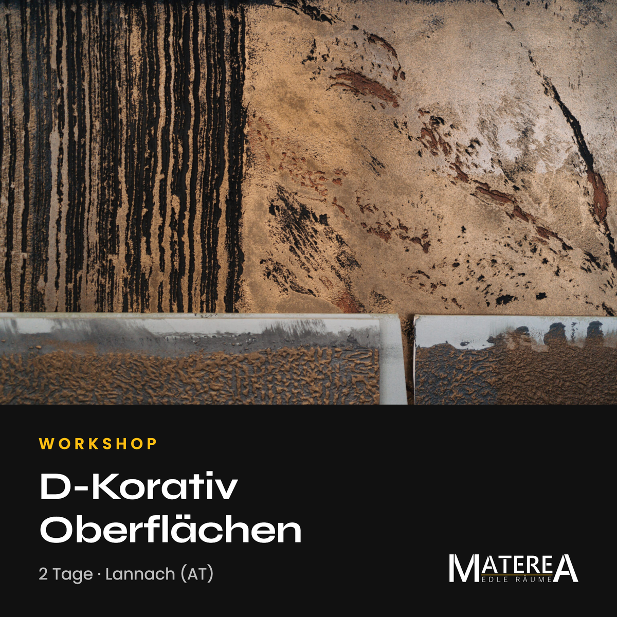 Workshop-Karte D-Korativ Oberflächen, zwei Tage in Lannach, mit Foto einer metallisch patinierten Wandfläche