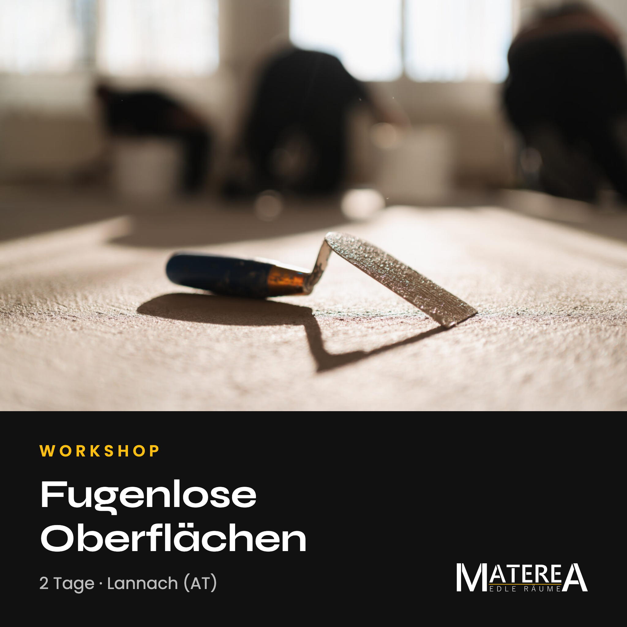 Workshop-Karte Fugenlose Oberflächen, zwei Tage in Lannach, mit Foto einer Kelle auf einer gespachtelten Fläche